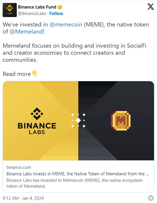 Binance Labs 支持 Memeland 生態(tài)系統(tǒng)的 Memecoin