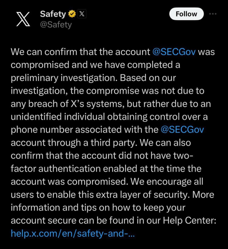 美國證券交易委員會TWITTER帳戶被黑提醒人們雙因素身份驗證的重要性