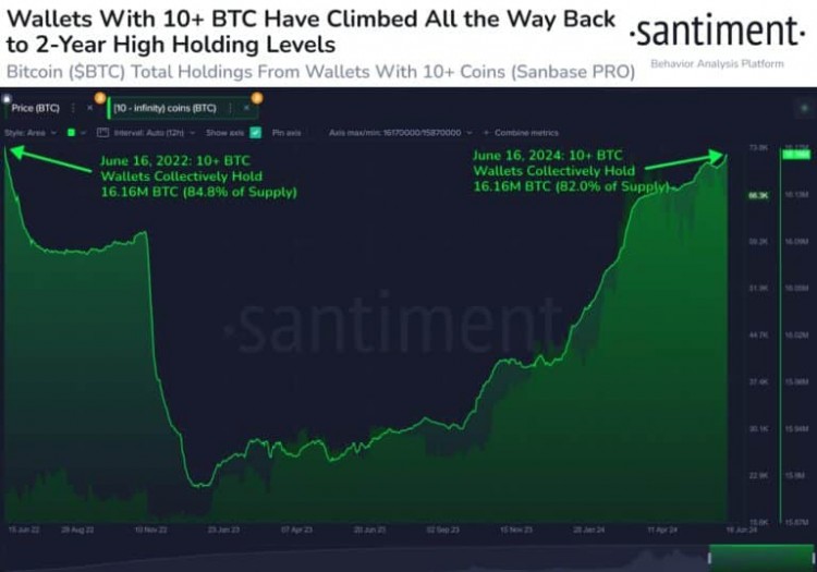 比特幣BTC鯨魚持有10BTC觸及兩年高點BTC價格上漲即將到來