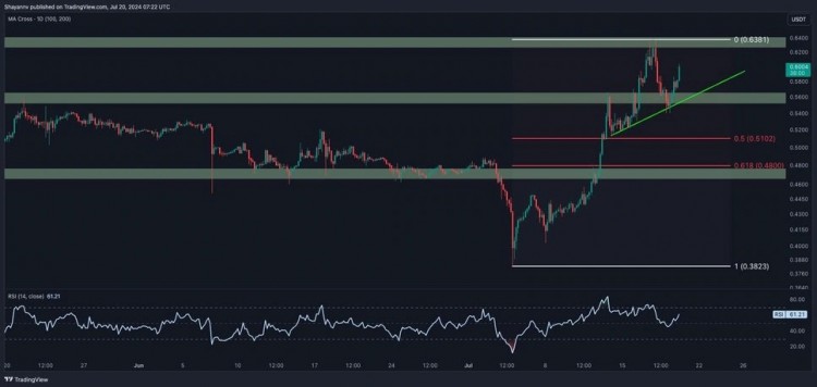 日線圖對(duì)日線圖的全面分析表明RIPPLE一直保持其向上軌跡朝著顯著的064美元阻